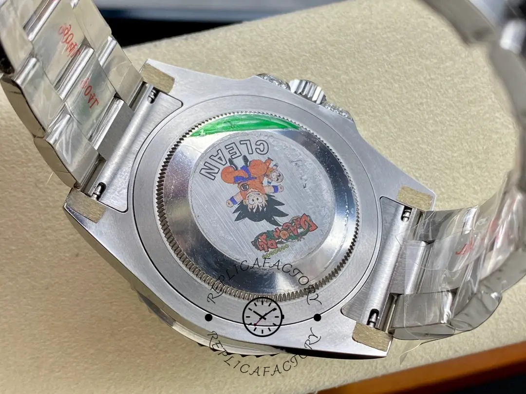 Rolex GMT-Master II 126710BLRO case back view, stickered back and bracelet, rear angle.