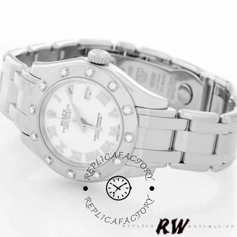 Rolex Pearlmaster 80319 bracelet underside view, links and clasp, on white background.