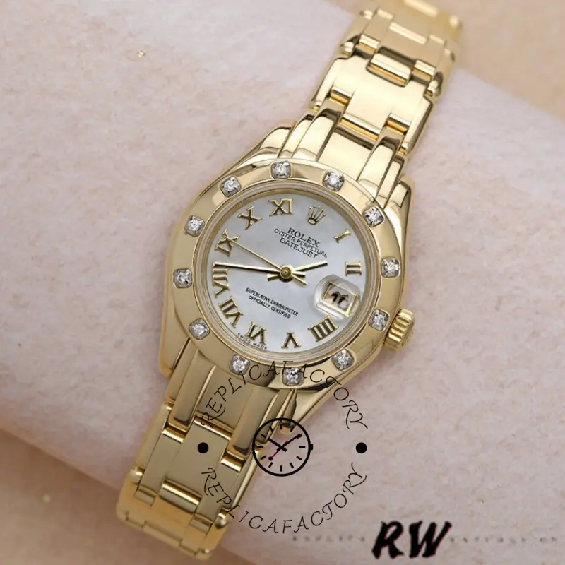 Rolex Pearlmaster 80318, full watch view on surface showing gold bracelet and white MOP dial.