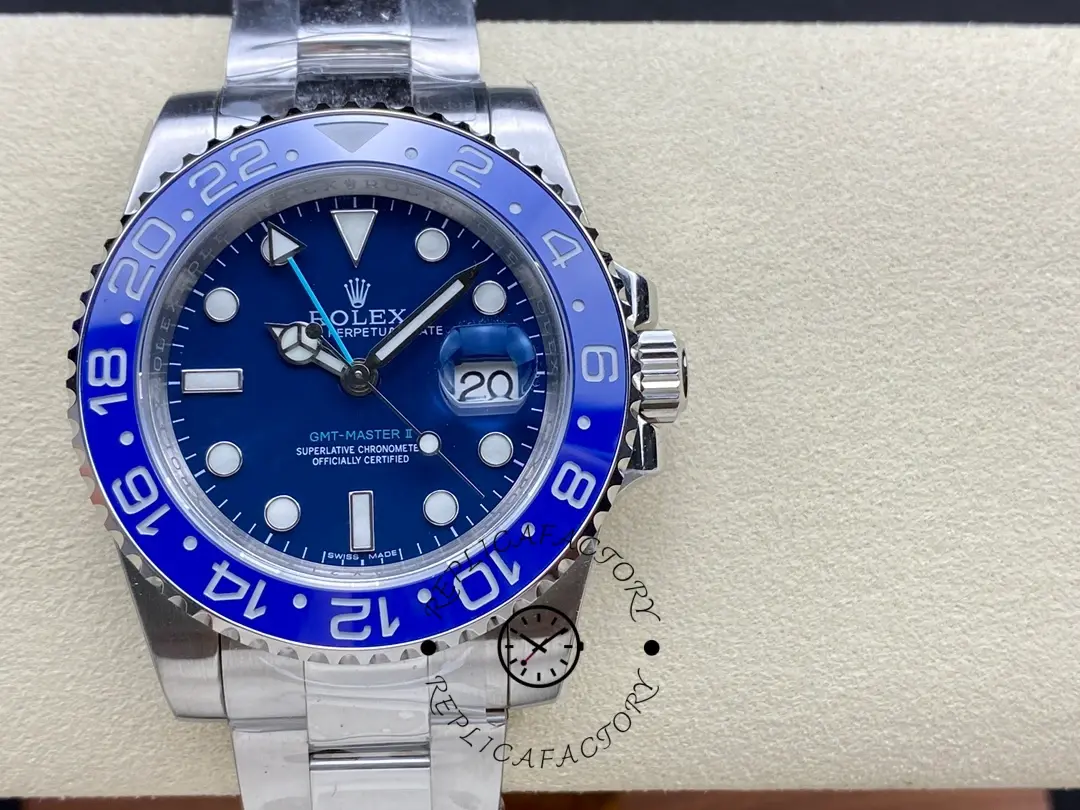 Rolex GMT-Master II 126710 “Wildman”, front view on cushion showing blue dial and blue bezel.