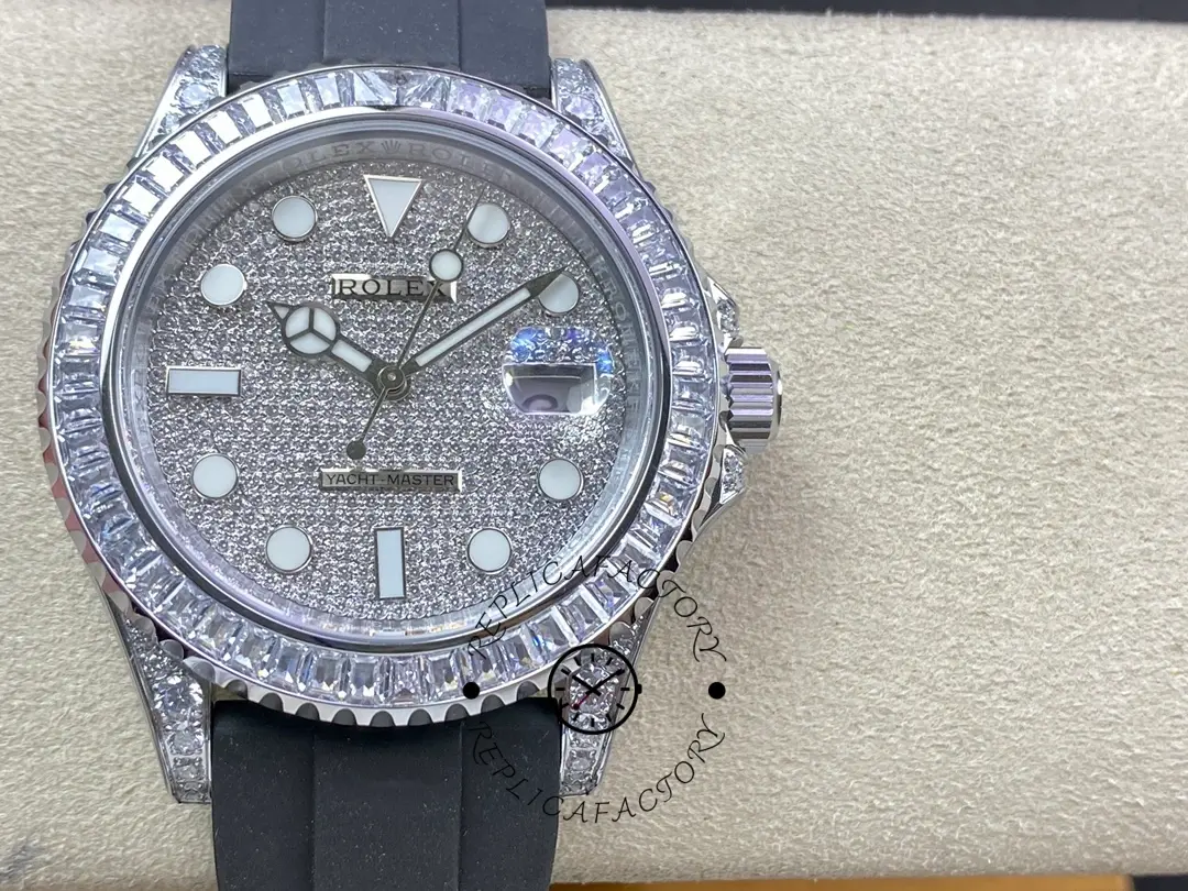 Rolex Yacht-Master 226679TBR on cushion, grey dial with diamond markers, baguette bezel, front view.