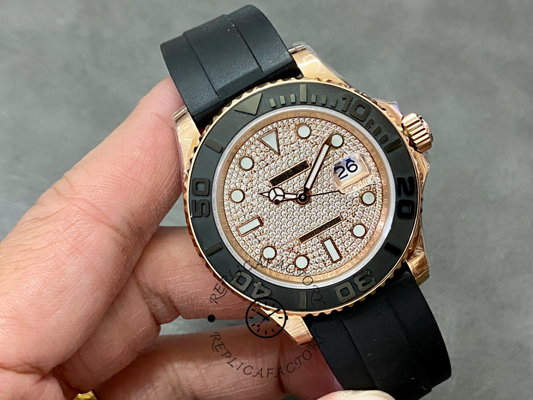 Rolex Yacht-Master 126655 held in hand, champagne-tone pavé dial look, Everose case, strap shown.