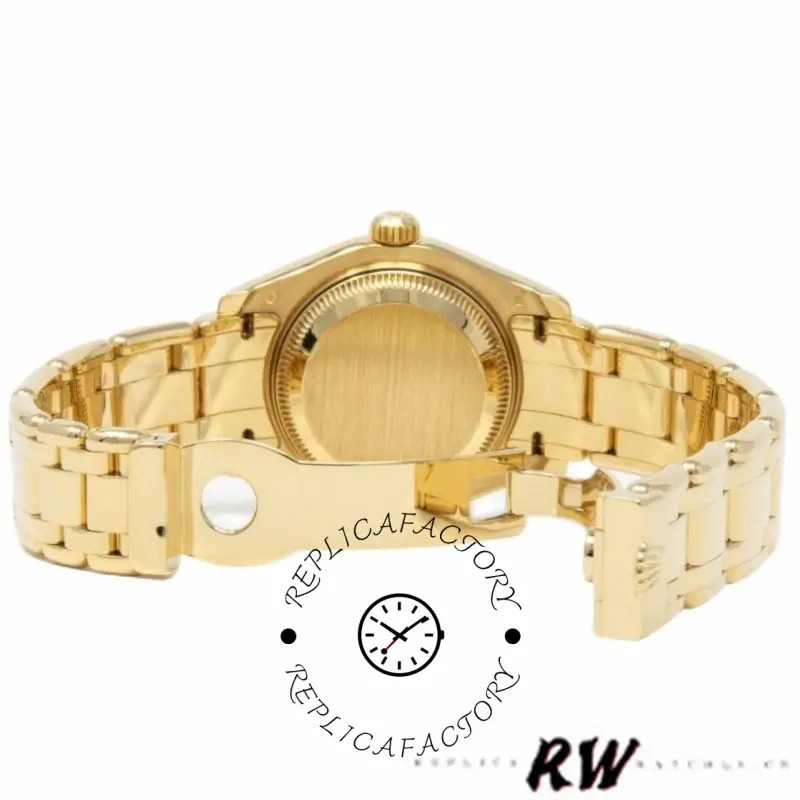 Caseback view of the Rolex Pearlmaster 80318 showing solid back and gold bracelet links.