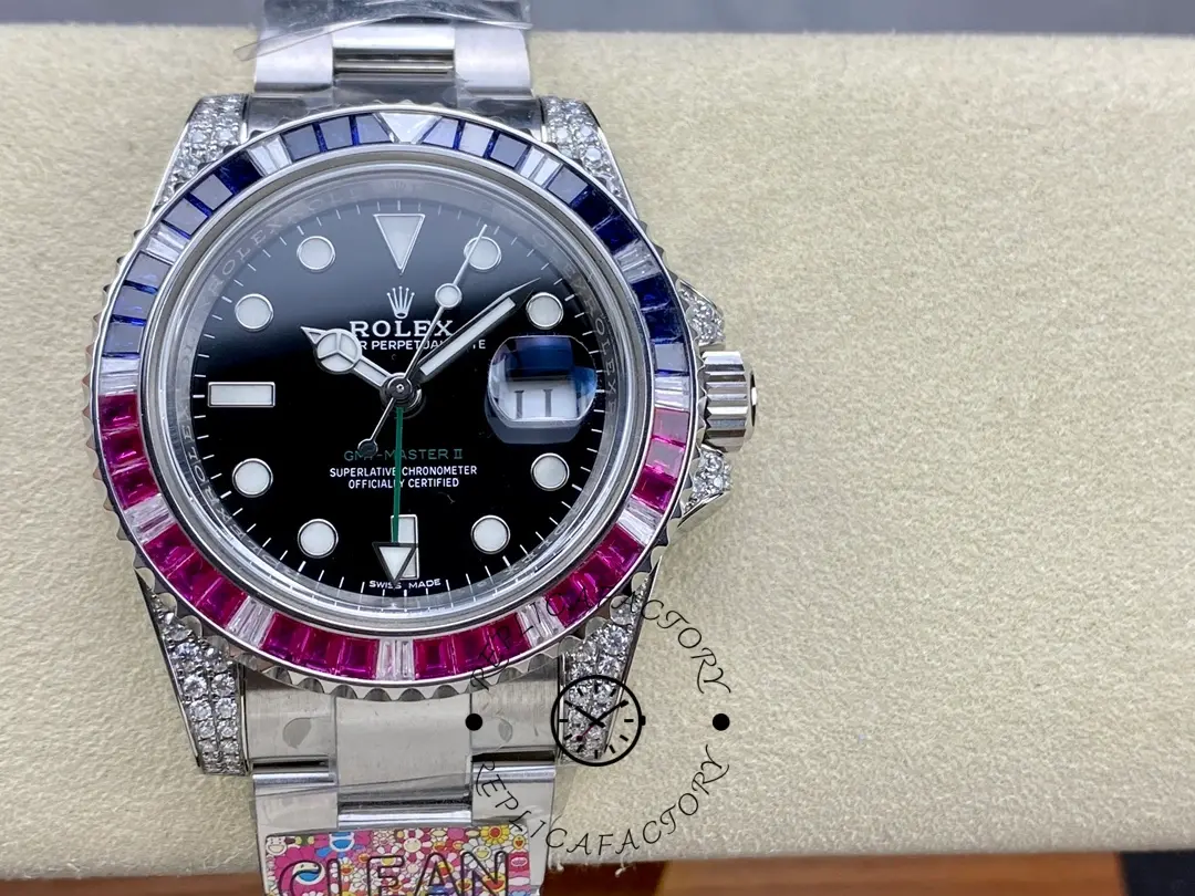 Rolex GMT-Master II 126710BLRO on cushion, black dial and gem bezel, diamond case, front view.