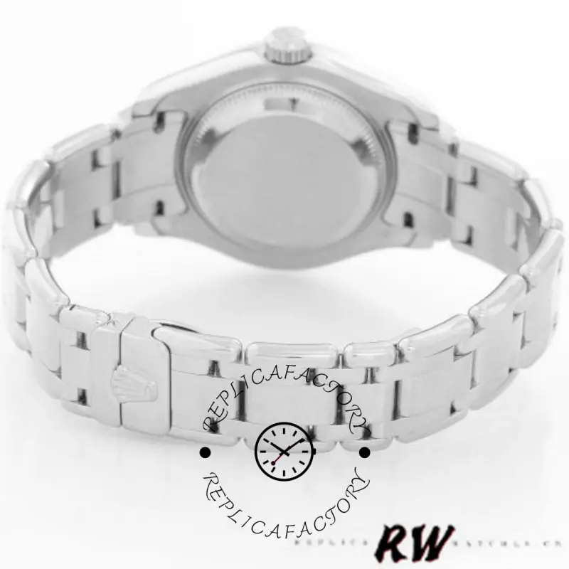 Rolex Pearlmaster 80319 rear view, case back and bracelet open, white background.