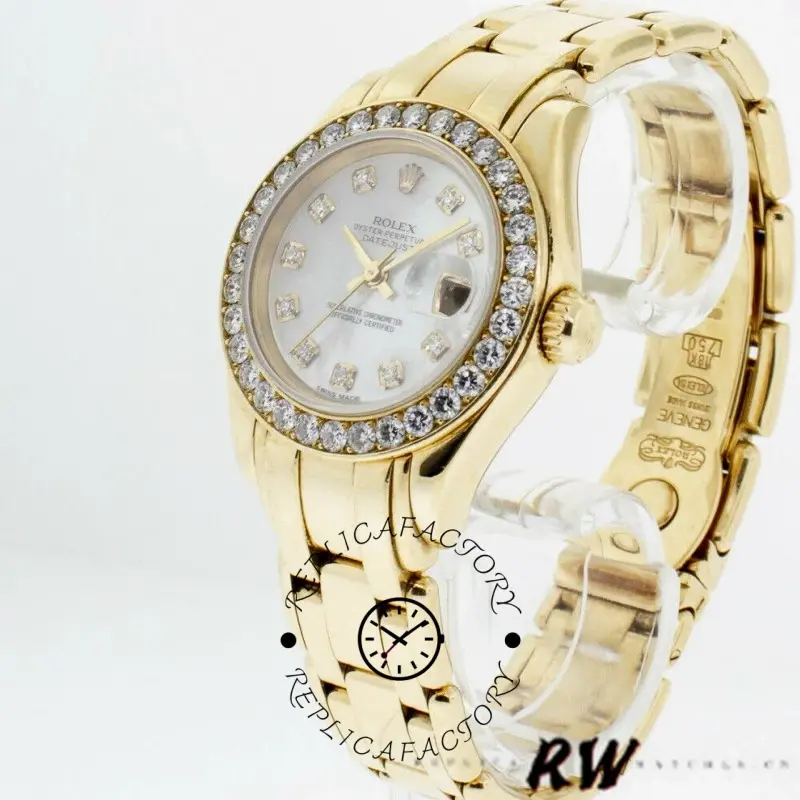 Rolex Pearlmaster 80298 side angle, gold case profile and bracelet links, diamond bezel visible.