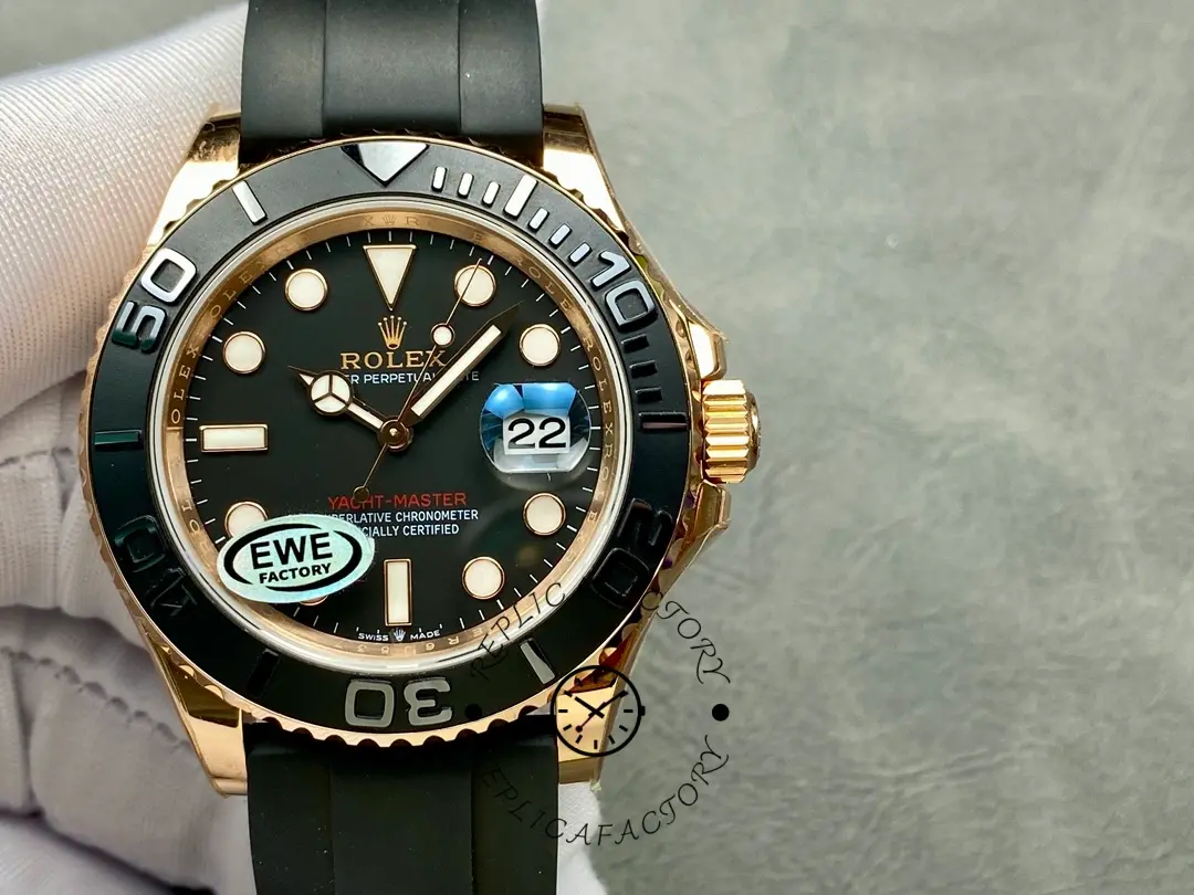 Rolex Yacht-Master 126655 on wrist, black dial and bezel, Everose gold case, front view.