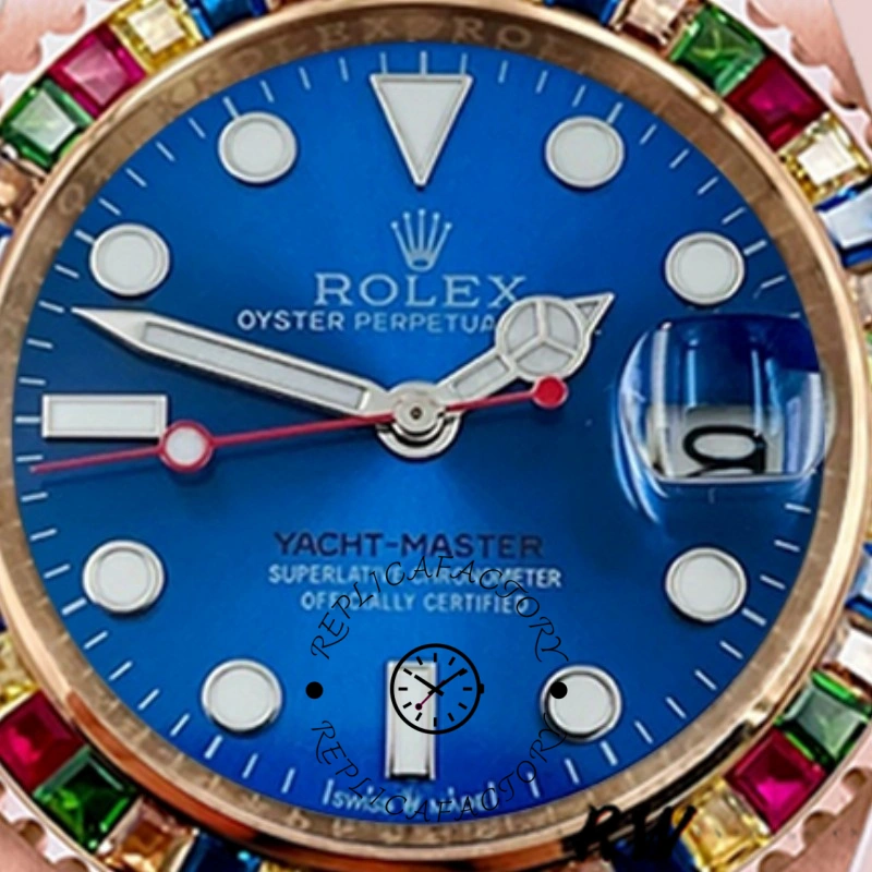 Dial close-up of Rolex Yacht-Master 116695 with blue dial, luminous markers, and date window.