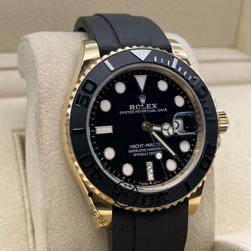 Front view of the Rolex Yacht-Master M226658 0001 on cushion, black dial and gold case.