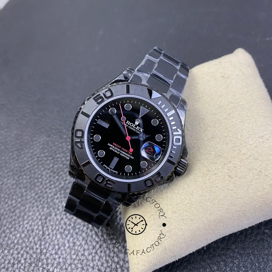Rolex Yacht-Master 116622, top view on cushion showing black dial and case.
