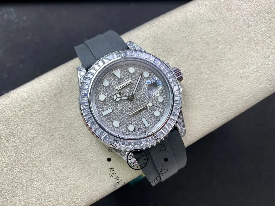 Rolex Yacht-Master 226679TBR small top view, grey dial and diamond bezel, black strap visible.