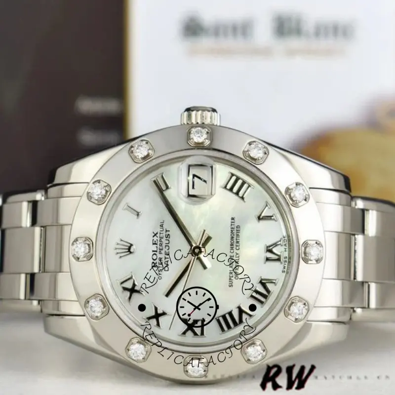 Rolex Pearlmaster 81319, angled view showing diamond bezel and bracelet links.