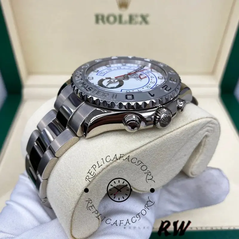 Rolex Yacht-Master II 116689 on display stand with box background.
