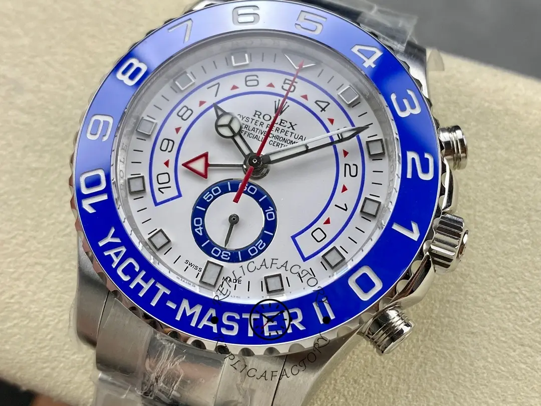 Rolex Yacht-Master II 116680, bezel close-up showing blue ceramic insert and numerals.