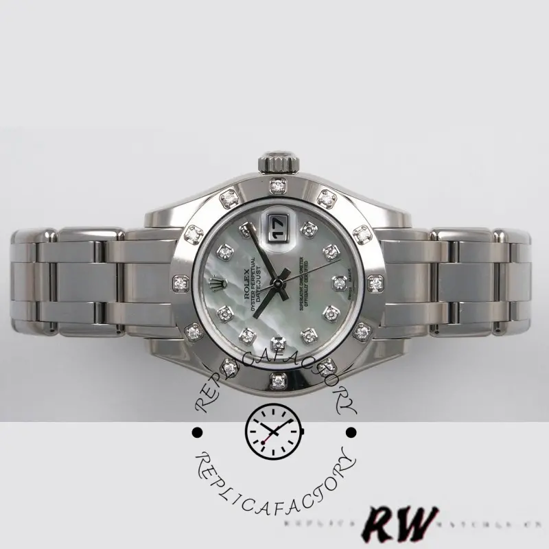 Rolex Pearlmaster 80319, straight side view showing MOP dial, case profile and bracelet links.