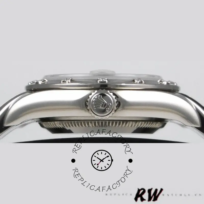 Rolex Pearlmaster 80319, side profile close-up showing bezel edge and crown.