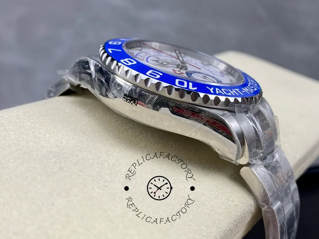 Rolex Yacht-Master II 116680, side profile on cushion showing bezel height and case thickness.