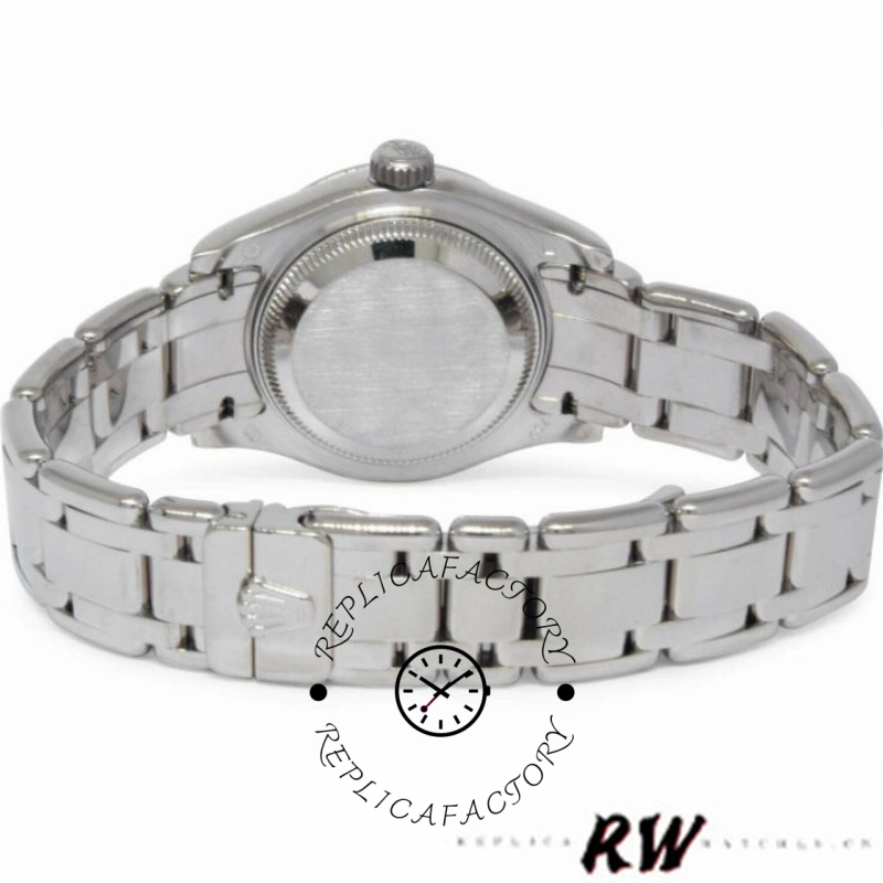 Caseback view of the Rolex Pearlmaster 80319 showing solid back and bracelet end links.