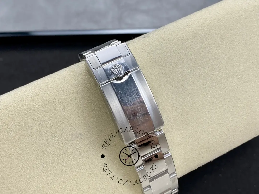 Rolex GMT-Master II 126710BLRO bracelet underside view, clasp and links on cushion, rear view.