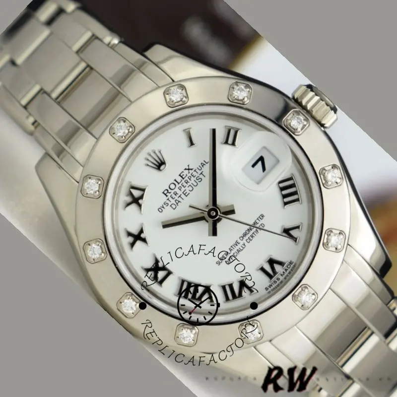 Angled close-up of the Rolex Pearlmaster 80319 showing Roman numerals and bracelet links.
