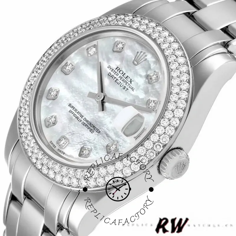 Close-up of Rolex Pearlmaster 81339 showing white MOP diamond dial details and bezel stones.