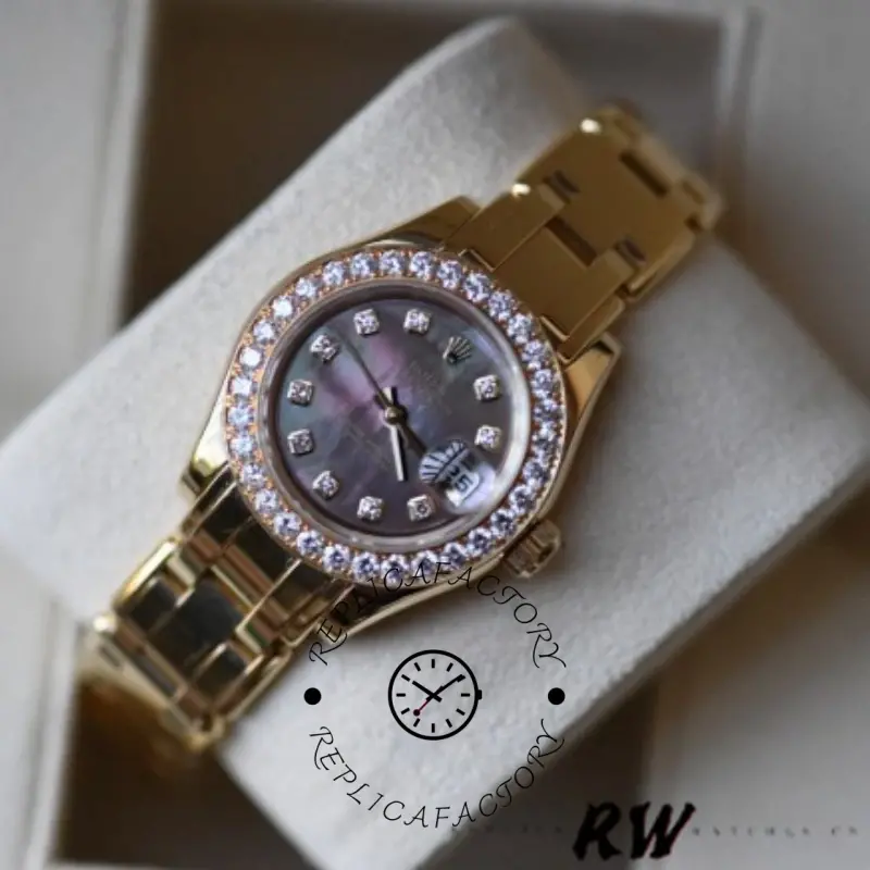 Angled view of Rolex Pearlmaster 80298 showing yellow gold bracelet and diamond-set bezel.