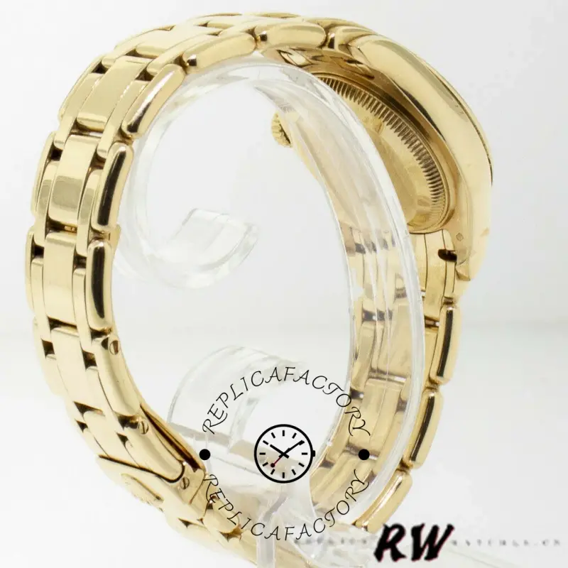 Rolex Pearlmaster 80298 bracelet rear view, yellow gold links and clasp, white background.