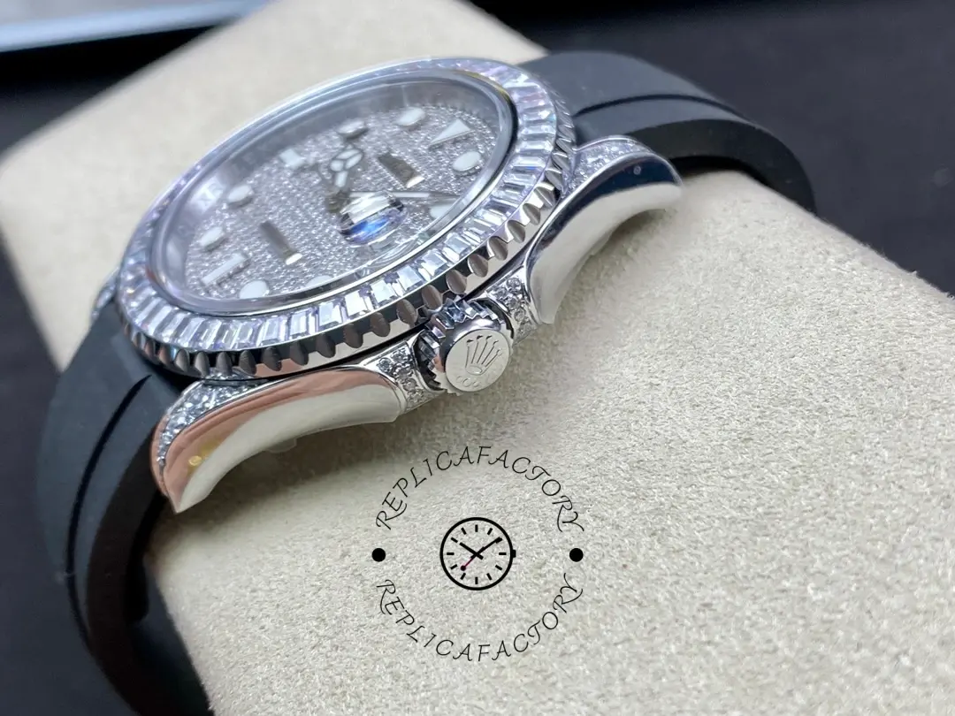 Rolex Yacht-Master 226679TBR side profile, case thickness and diamond bezel edge, black strap.