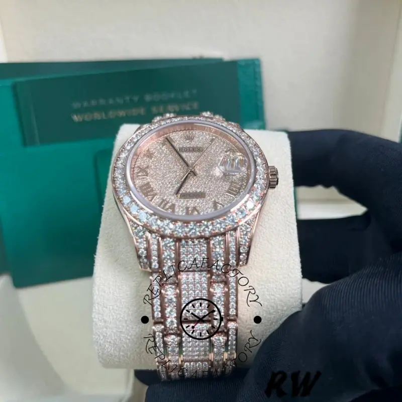 Rolex Pearlmaster 86405RBR on cushion, front view showing paved diamond dial and diamond bezel.