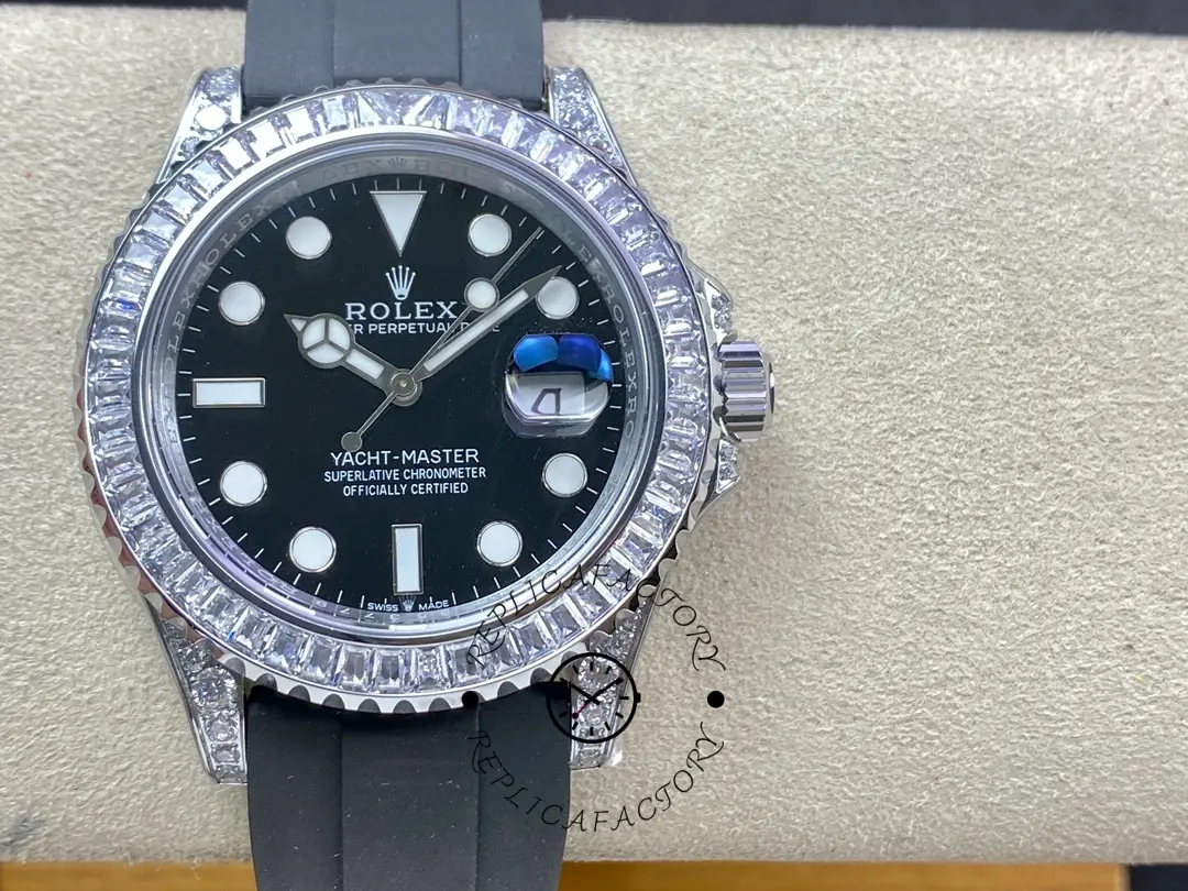 Rolex Yacht-Master 226679TBR on pillow, front view with baguette bezel and black strap.