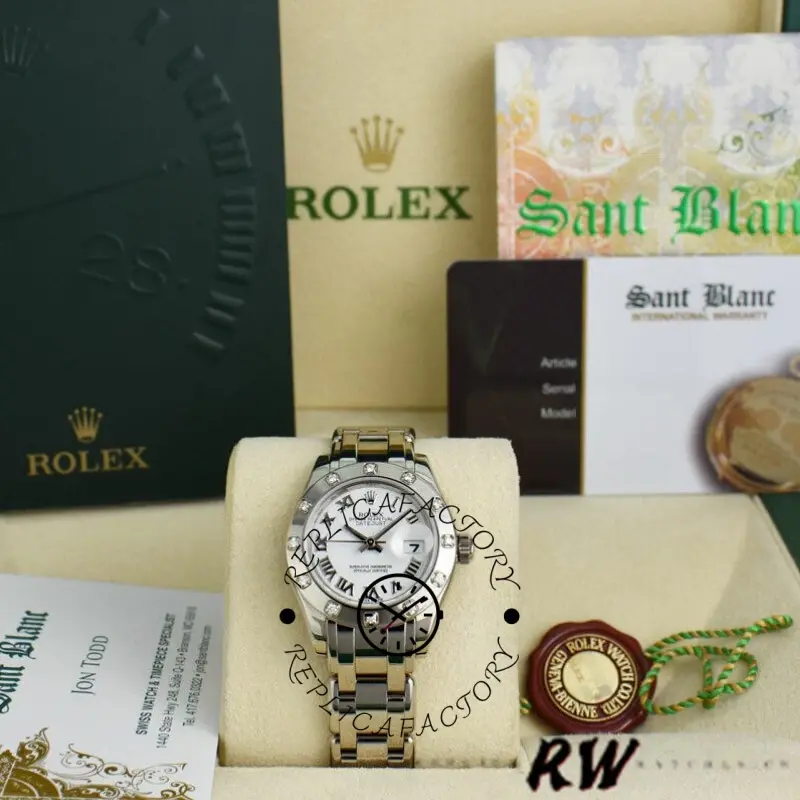 Rolex Pearlmaster 80319 full set display with box, tags, and white Roman dial watch.