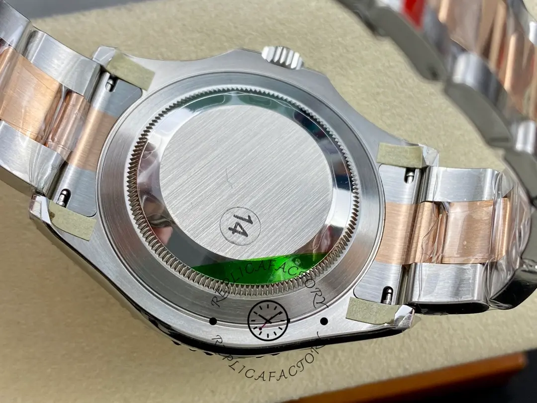 Rolex Yacht-Master 126621 case back close-up, stickered back and rolesor bracelet, rear angle.