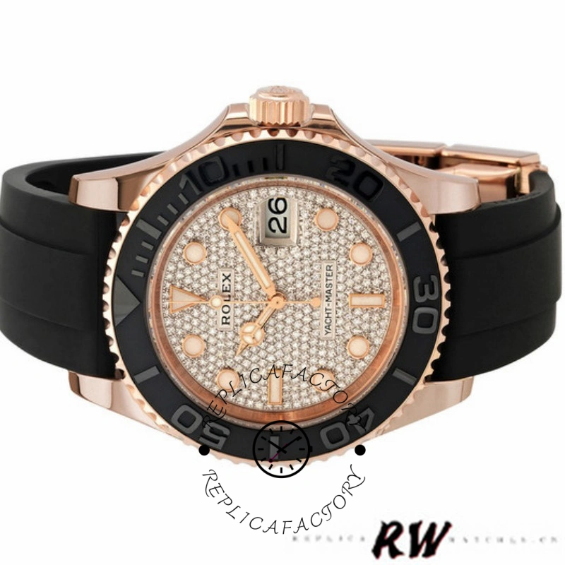 Rolex Yacht-Master 126655 studio product shot, pavé diamond dial, Everose case, Oysterflex strap.