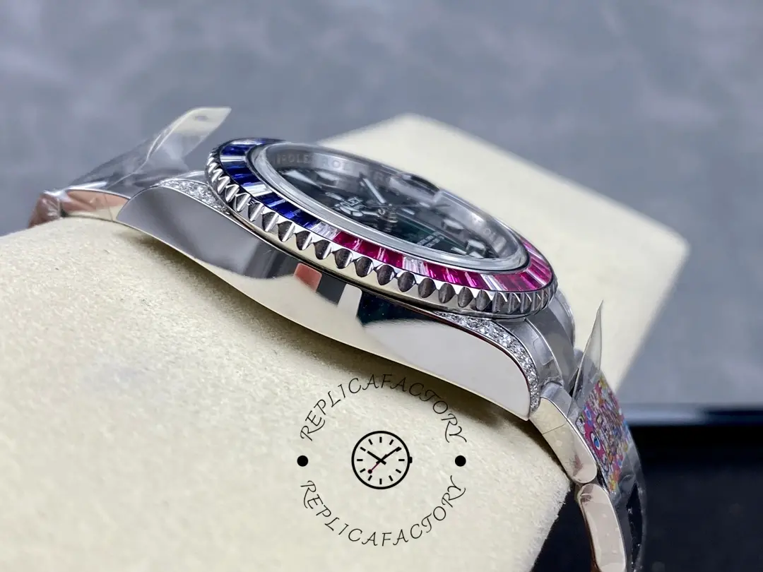 Rolex GMT-Master II 126710BLRO side view, case profile and gem bezel thickness, on cushion.