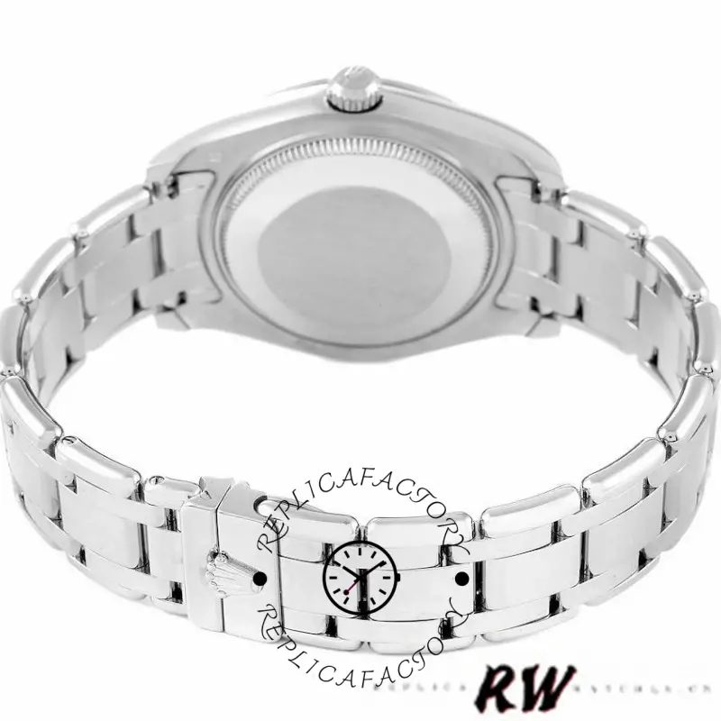 Caseback view of Rolex Pearlmaster 81339 showing solid back and bracelet links.