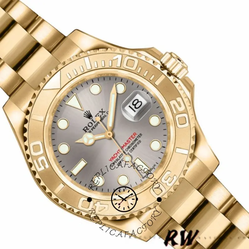 Rolex Yacht-Master 169628 angled view, grey dial and gold bezel, yellow gold bracelet shown.