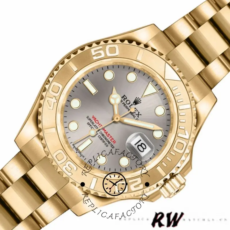 Rolex Yacht-Master 169628 angled close-up, grey dial details and yellow gold bezel numerals.