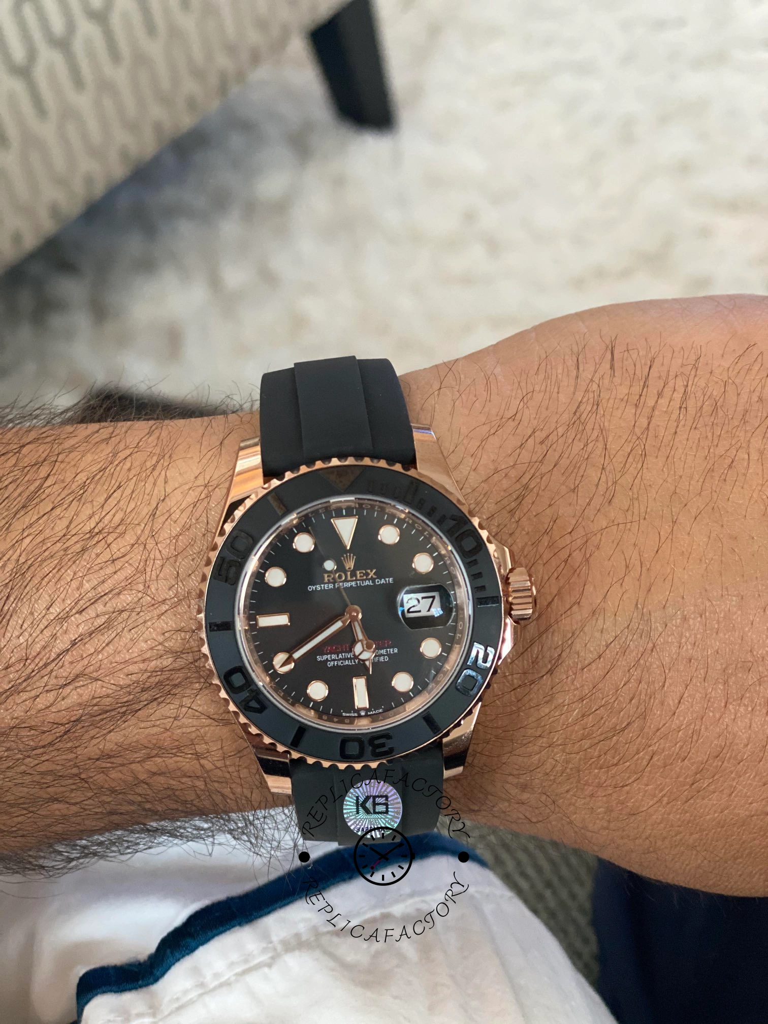 Rolex Yacht-Master 116655, wrist shot showing full watch fit on black Oysterflex strap.