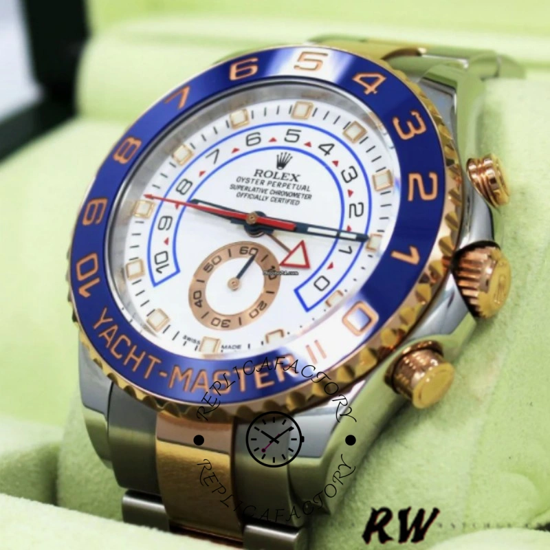 Rolex Yacht-Master II 116681 showing blue bezel and white dial.
