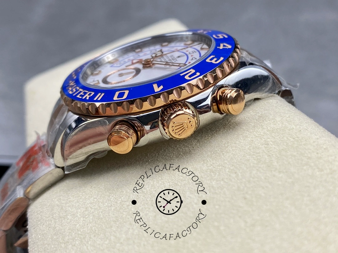 Crown-side close-up of the Rolex Yacht-Master II 116681 showing pushers and case edge.