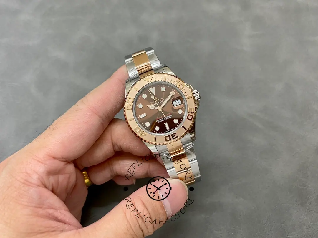 Rolex Yacht-Master 268621 wrist-side angle, chocolate dial and Everose bezel, rolesor bracelet.