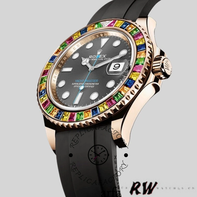 Side angled view of Rolex Yacht-Master 116695 with black rubber strap and bezel.