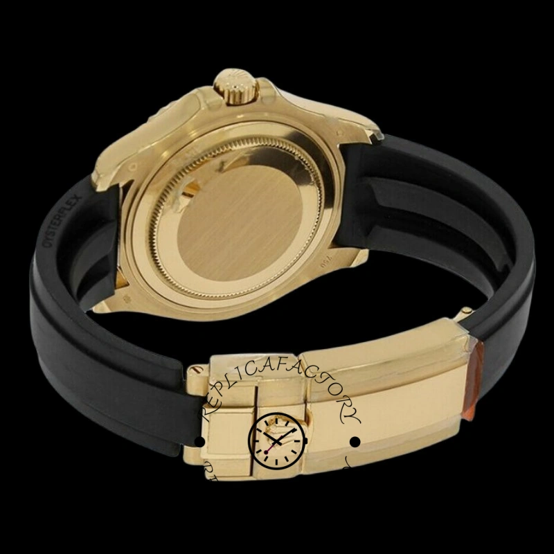 Caseback view of the Rolex Yacht-Master 116695 showing solid back and clasp on black rubber strap.