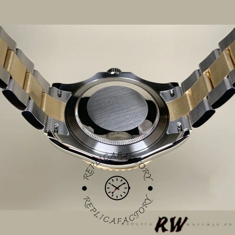 Caseback view of Rolex Yacht-Master 16623 showing solid back and two-tone bracelet.