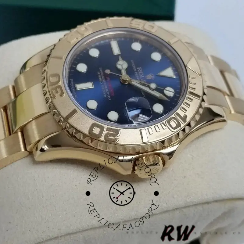 Angled view of the Rolex Yacht-Master 169628 showing case profile and gold bracelet links.