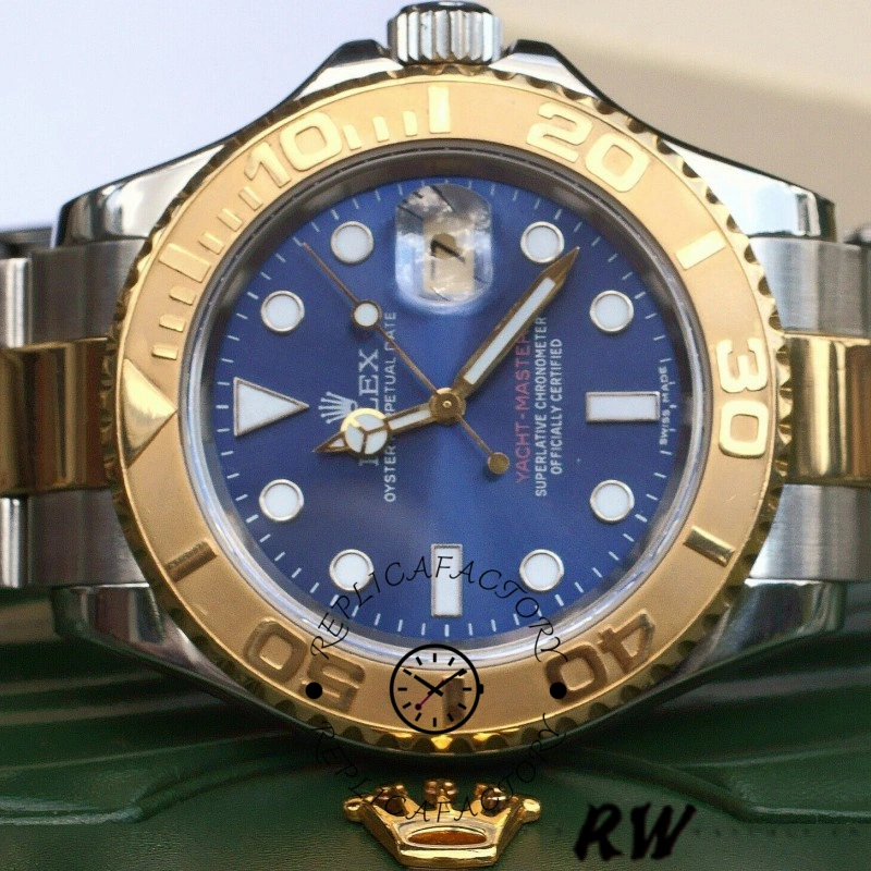 Rolex Yacht-Master 16623, front view showing blue dial and gold bezel on two-tone bracelet.
