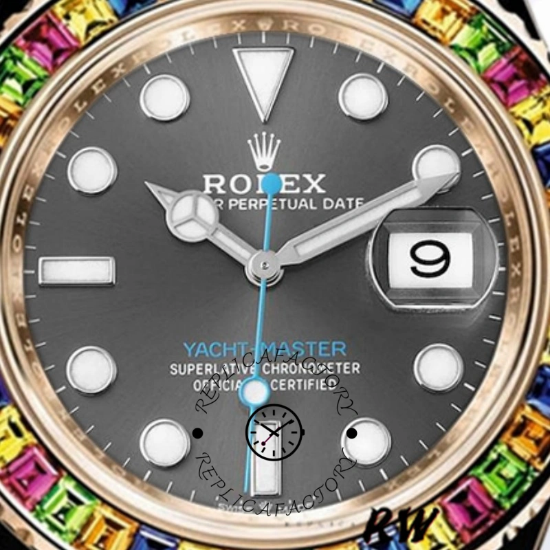 Dial close-up of Rolex Yacht-Master 116695, grey dial, date window, rainbow bezel.