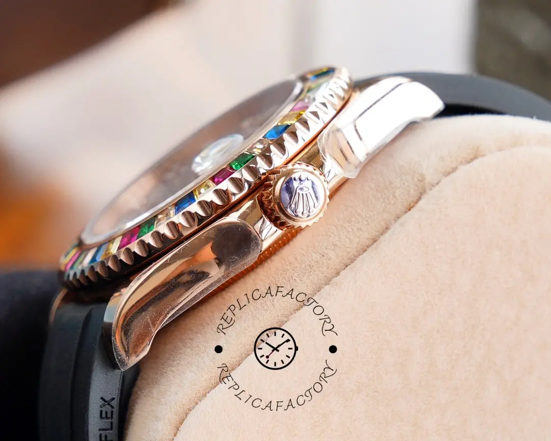 Side view of the Rolex Yacht-Master 116695SATS showing crown side, case profile, and bezel height.