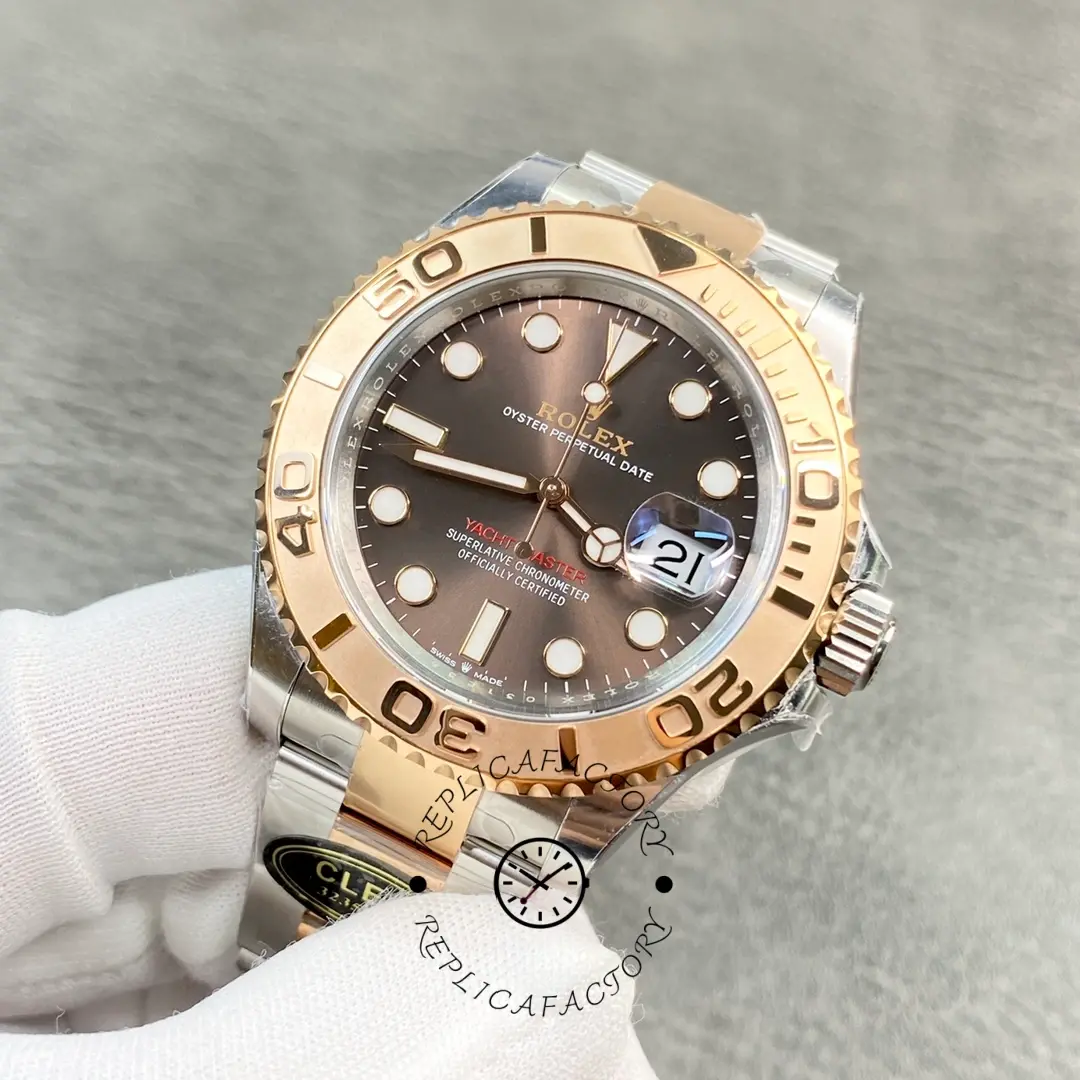 Close-up of Rolex Yacht-Master 116621 chocolate dial and rose gold bezel.