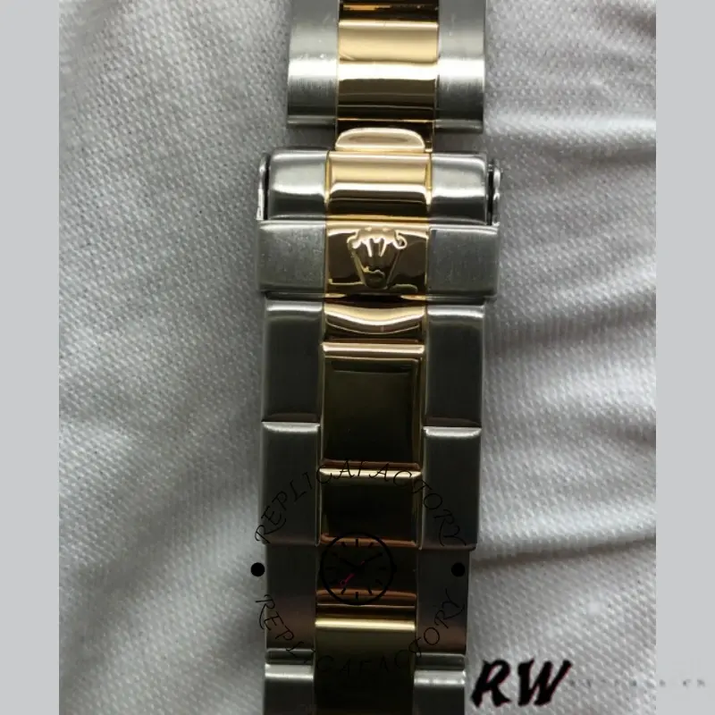 Rolex Yacht-Master 169623, bracelet close-up showing two-tone links and center gold strip.